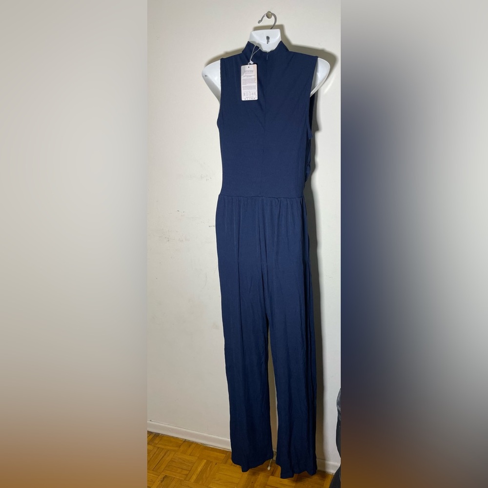 Sz M BTFBM Womens Casual Jumpsuits  crewneck stretchy Dressy Navy  Blue - Picture 5 of 16